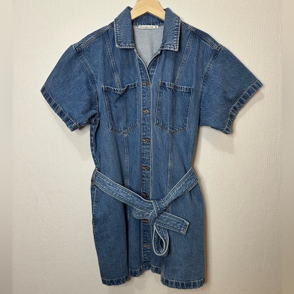 Abercrombie & Fitch Blue Denim Short Sleeve Belted Tie Shirt Dress XL - Picture 3 of 7